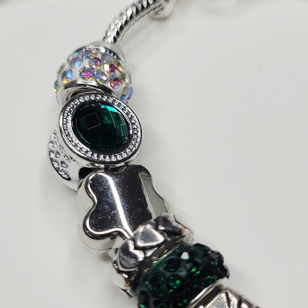 NWT Pandora Style Frog And Dragonfly Snake Chain Charm Bracelet Green Silver M/L - Picture 6 of 9
